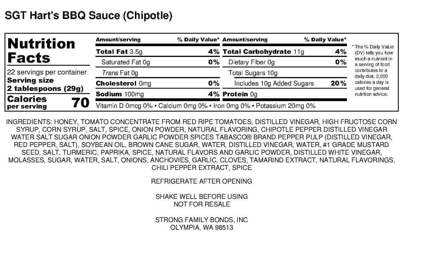 SGT Hart's Chipotle BBQ Sauce, 22.4oz